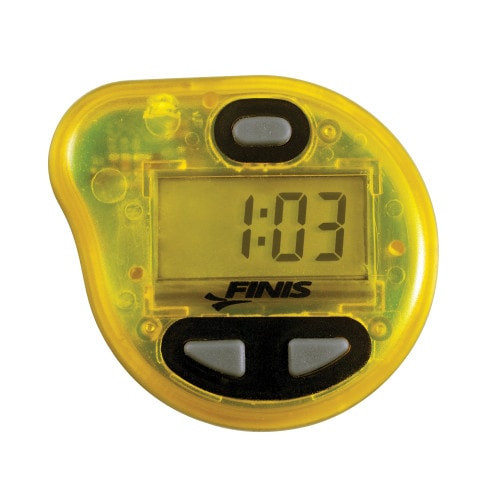 FINIS Tempo Trainer Pro in bright yellow with digital screen and control buttons, designed to help swimmers maintain stroke rate and pacing in training.