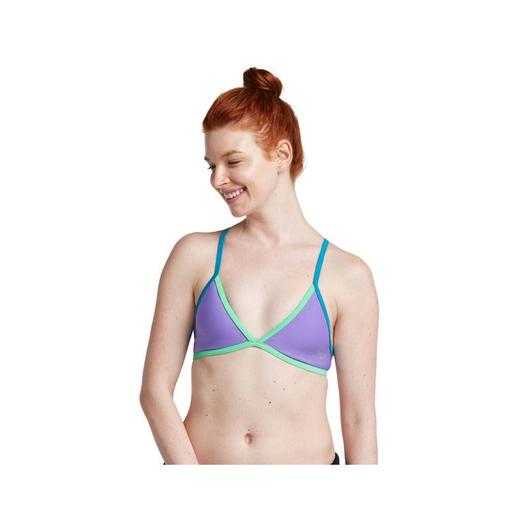 Women’s Speedo triangle bikini top in purple with green trim and blue straps