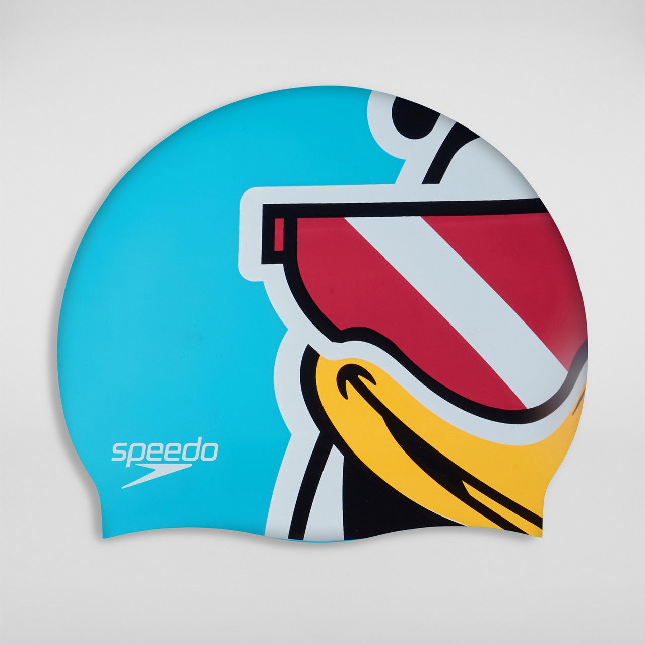 Speedo kids printed swim cap in blue with cartoon penguin wearing sunglasses