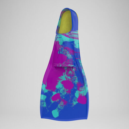 Speedo Long Fin in vibrant blue, purple, and teal splash design with green lining, designed for swim training and improved kick performance.