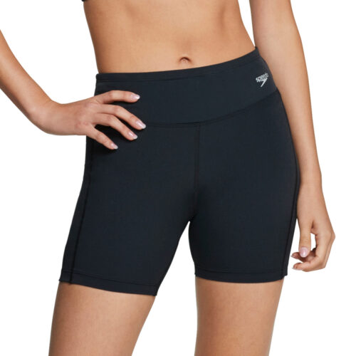 Women’s Speedo black training shorts with mid-thigh length and wide waistband, designed for swim training and active workouts.