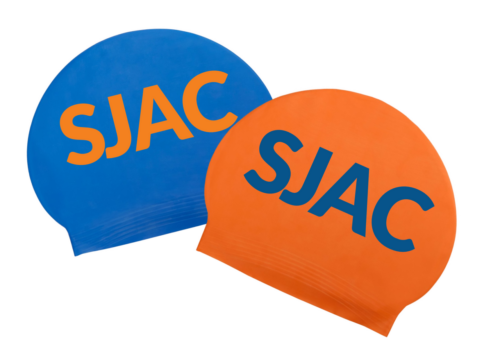 SJAC silicone swim caps, blue and orange, both with bold SJAC lettering printed on the both sides.
