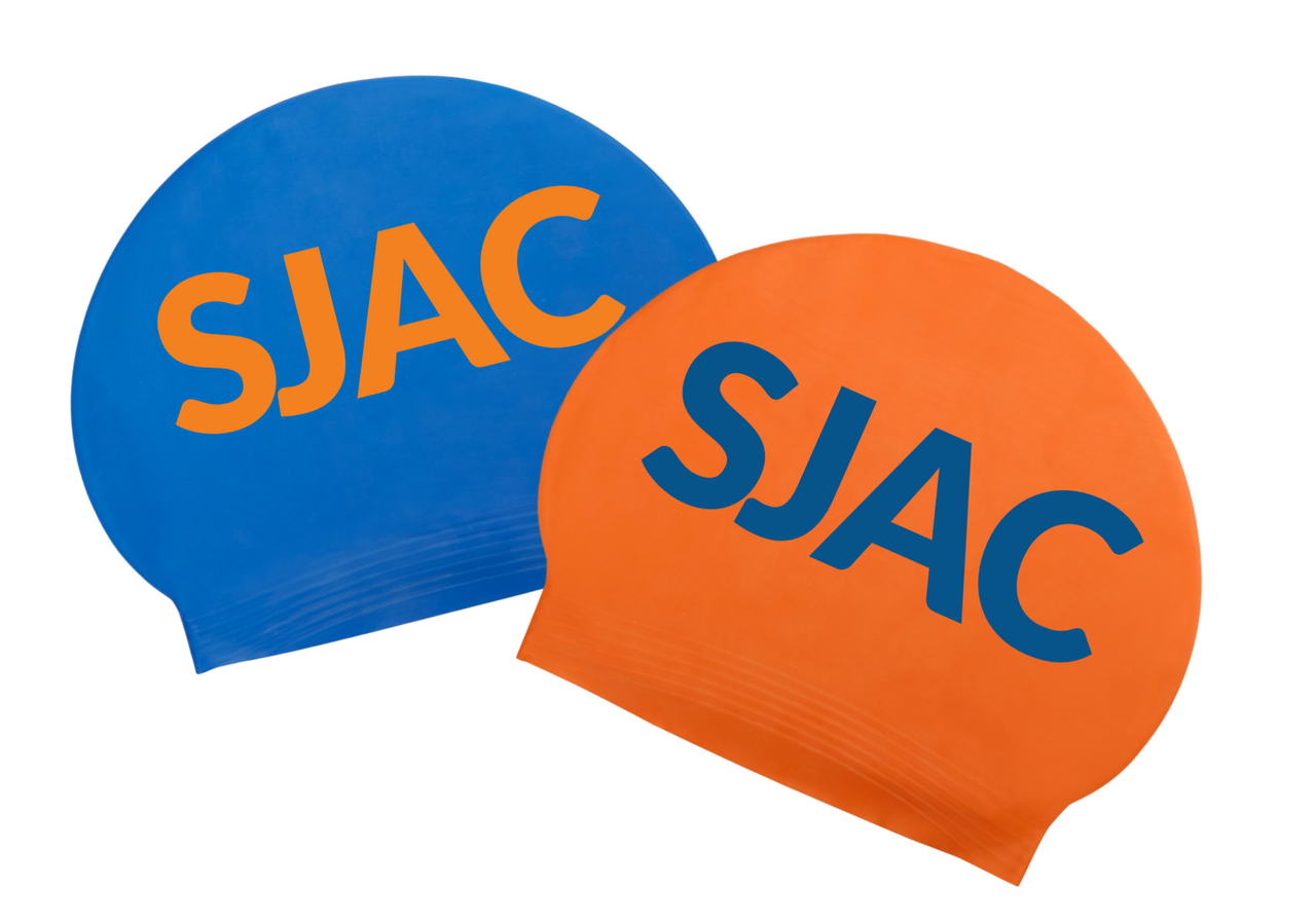 SJAC silicone swim caps, blue and orange, both with bold SJAC lettering printed on the both sides.