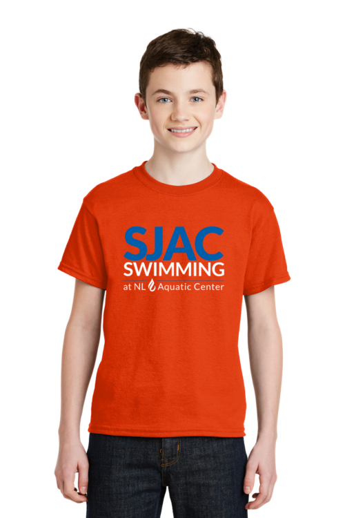 Youth SJAC Swimming team t-shirt in orange with bold blue and white SJAC Swimming logo at NL Aquatic Center.