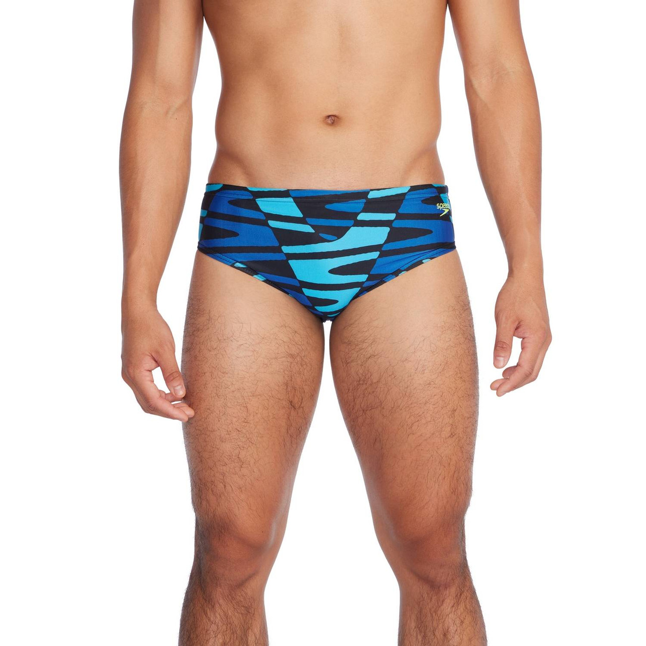 Speedo Men’s Disco Boom Brief Swimsuit in a vibrant multi-color print. Men’s competition swim brief with drawcord waist, durable ProLT fabric, and UPF 50+ sun protection.