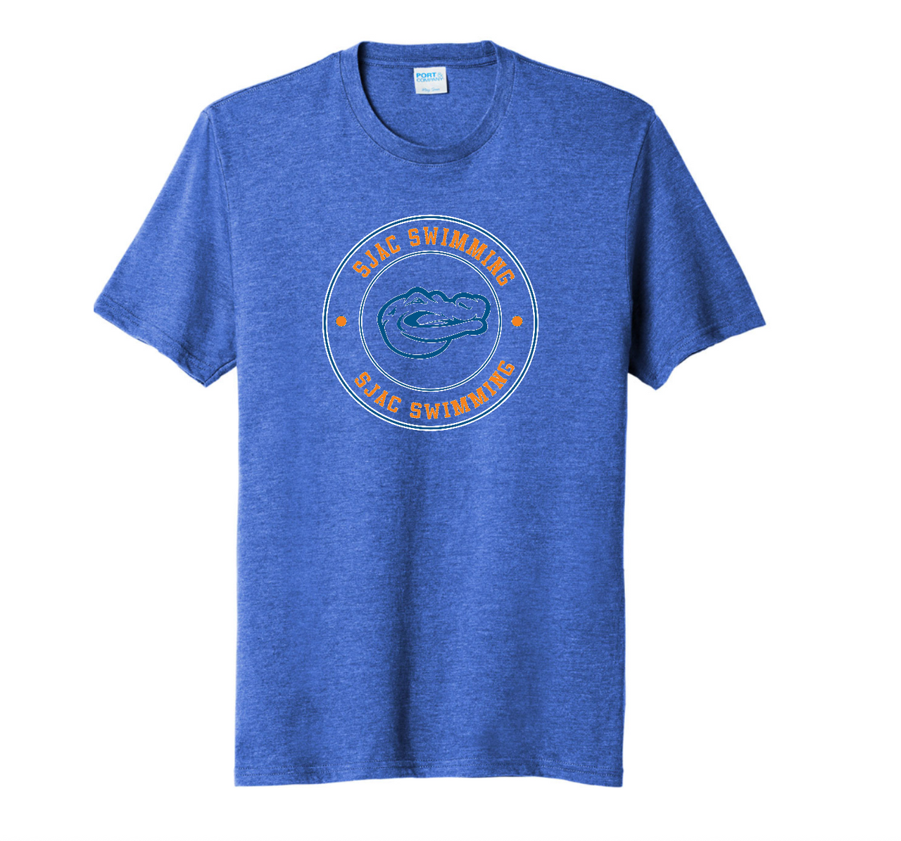 Show your SJAC pride with this ultra-soft royal blue triblend tee. Front of shirt has a circle logo with a gator in the center. Perfect for swimmers, parents, and fans. Comfortable, durable, and meet-day ready. Order at Swim Stop.